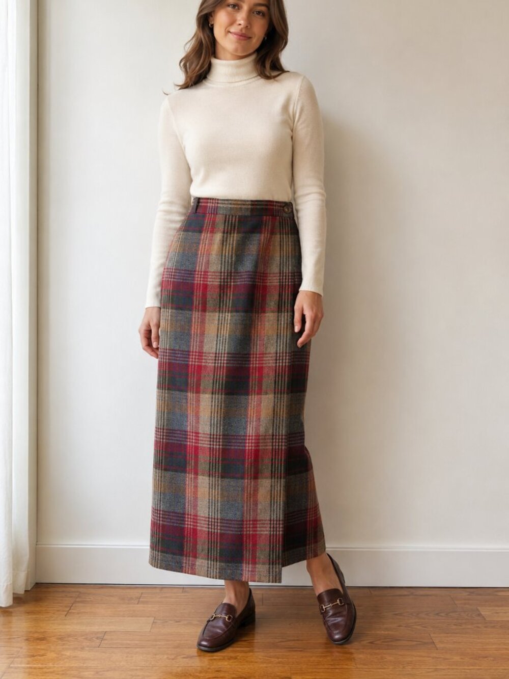Vintage Talbots Plaid Worsted Wool Wrap Maxi Skirt Sz. 4P Academia